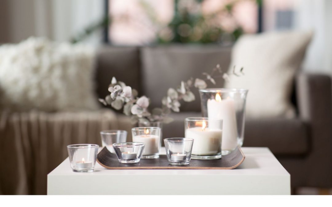 Luxury living room with candles on tray